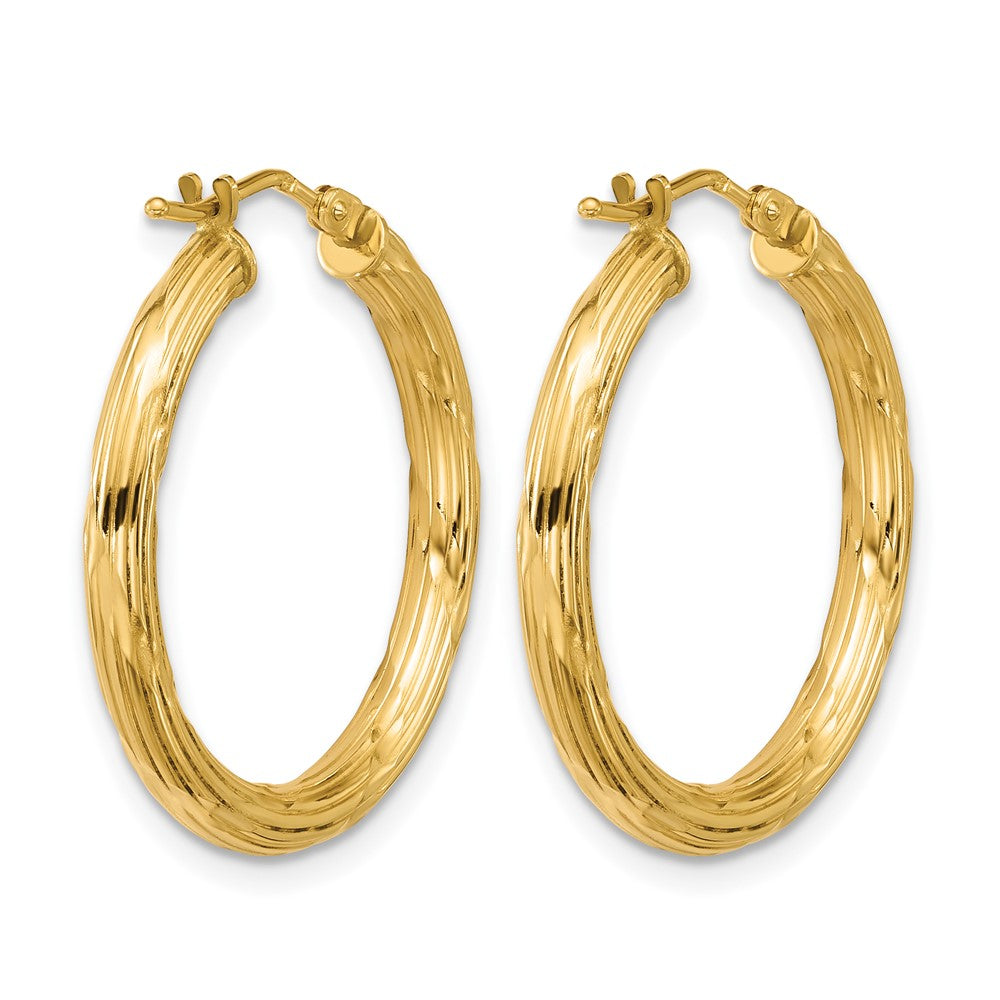 14K Polished and Grooved Round Hoop Earrings