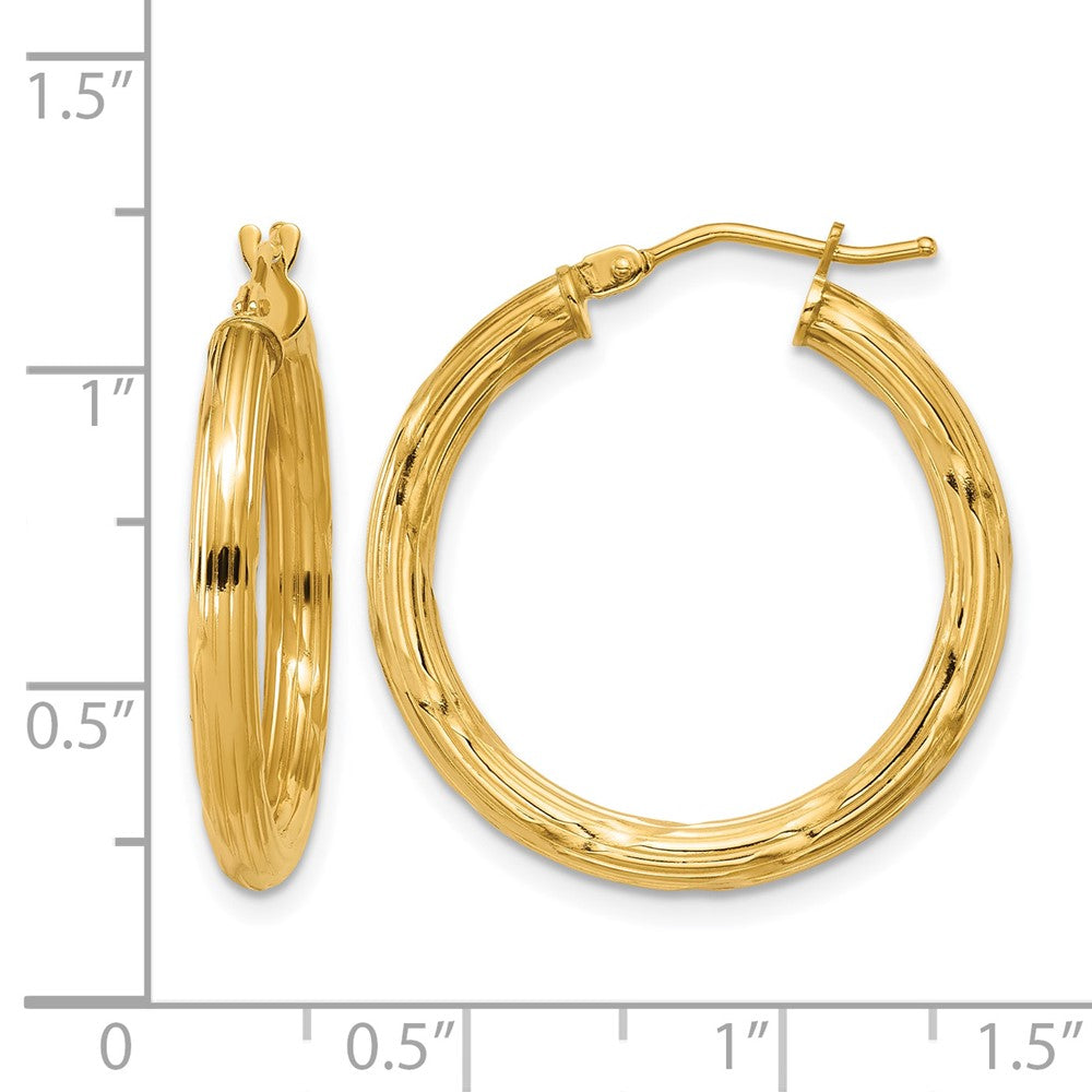 14K Polished and Grooved Round Hoop Earrings