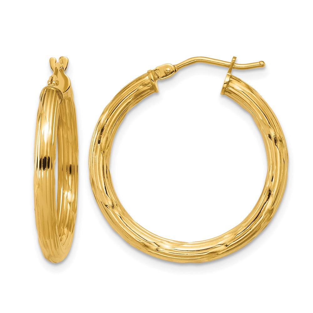14K Polished and Grooved Round Hoop Earrings