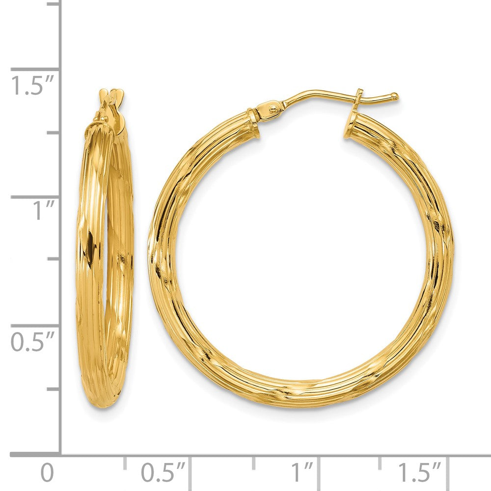 14K Polished and Grooved Round Hoop Earrings