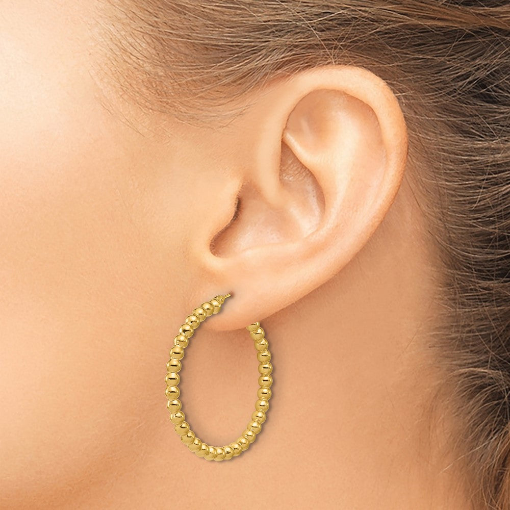 14K Polished Beaded Round Hoop Earrings