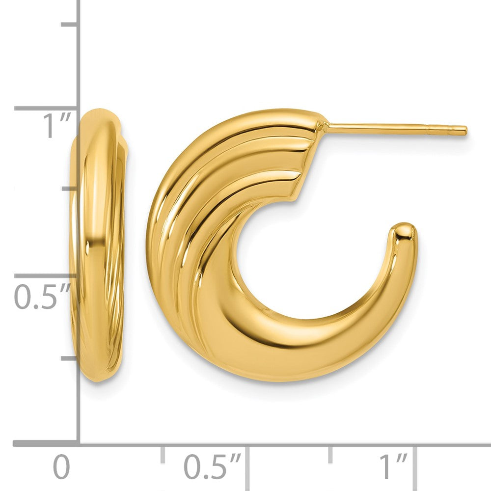 14K Polished and Grooved J-Hoop Post Earrings
