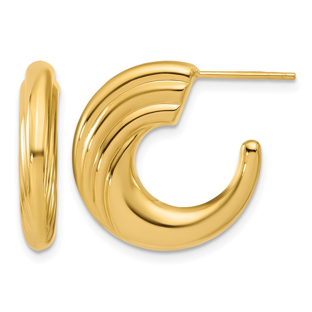 14K Polished and Grooved J-Hoop Post Earrings