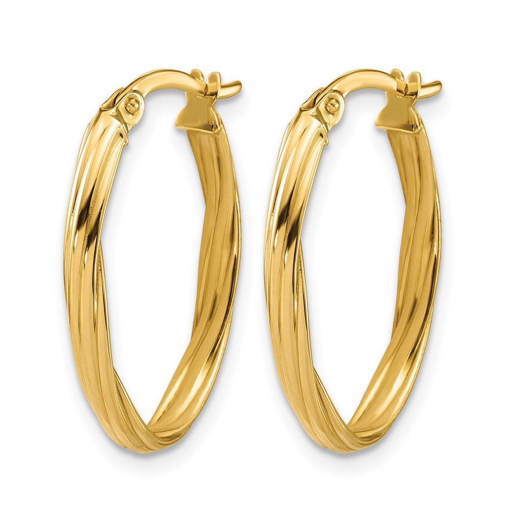 14K Polished and Grooved Twist Oval Hoop Earrings