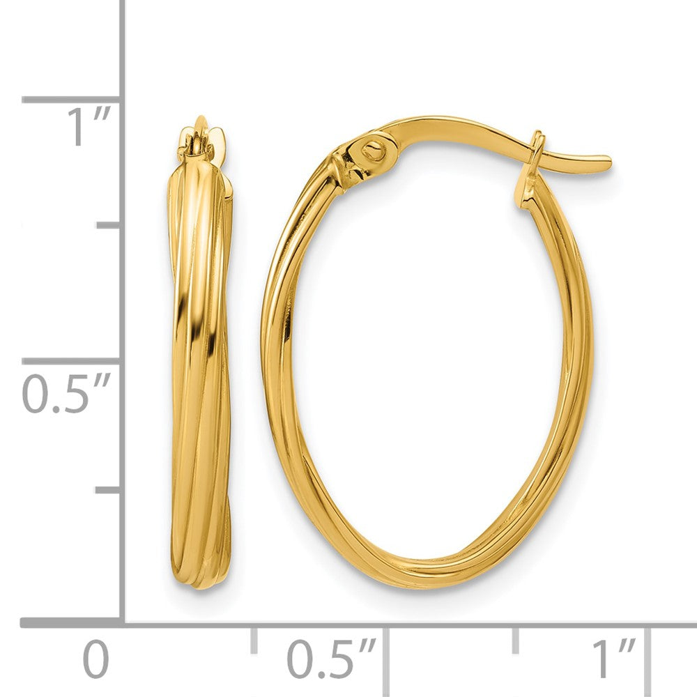 14K Polished and Grooved Twist Oval Hoop Earrings