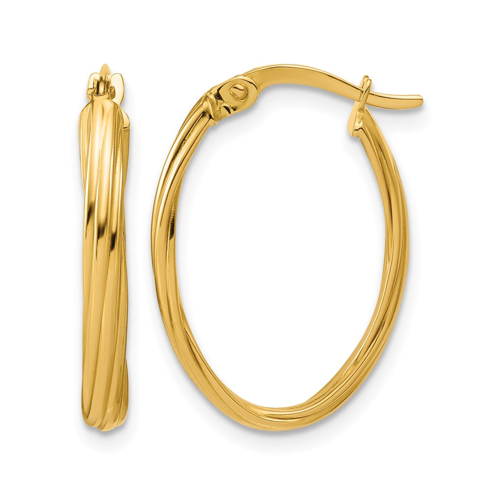14K Polished and Grooved Twist Oval Hoop Earrings