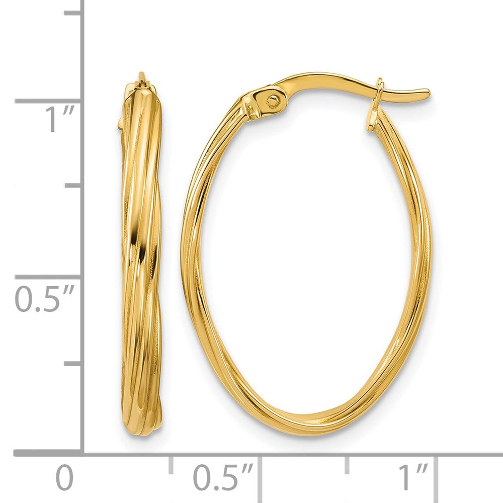 14K Polished and Grooved Twist Oval Hoop Earrings