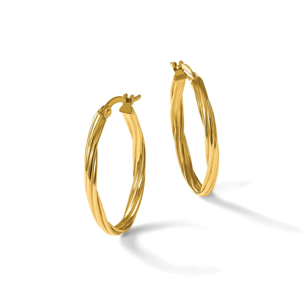 14K Polished and Grooved Twist Oval Hoop Earrings