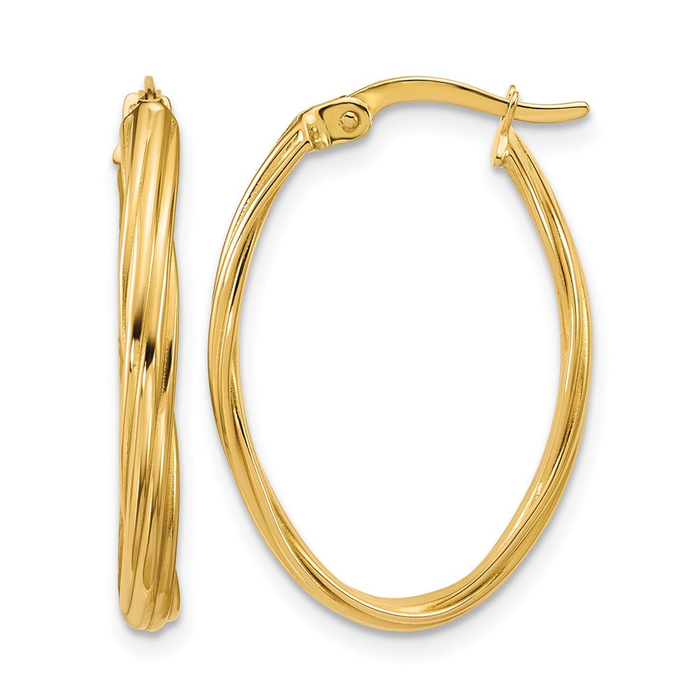14K Polished and Grooved Twist Oval Hoop Earrings