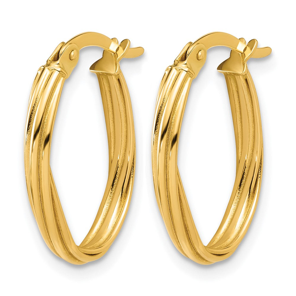 14K Polished and Grooved Twist Oval Hoop Earrings