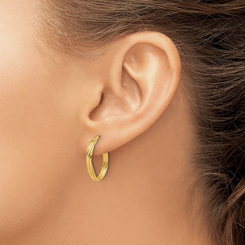 14K Polished and Grooved Twist Oval Hoop Earrings