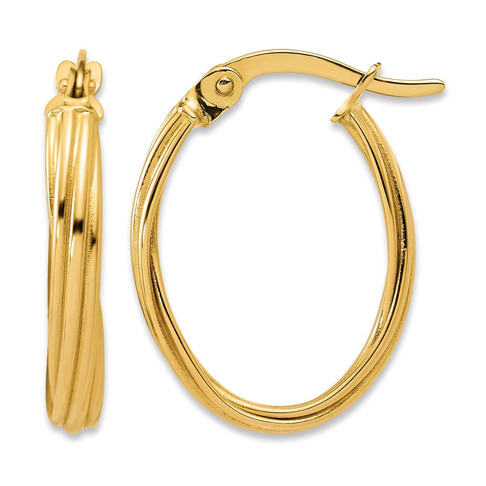 14K Polished and Grooved Twist Oval Hoop Earrings