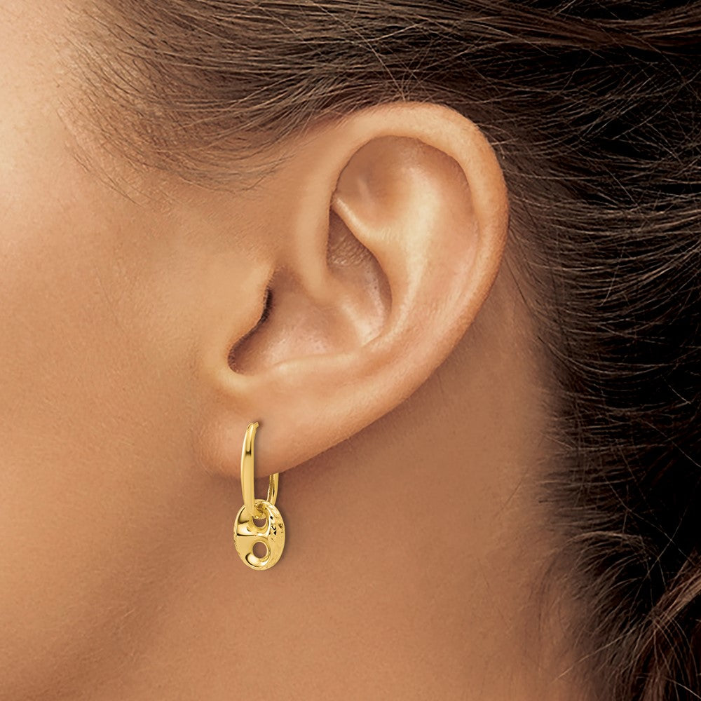 14K Polished/Dia-cut Mariner Bead Hinged Hoop Earrings