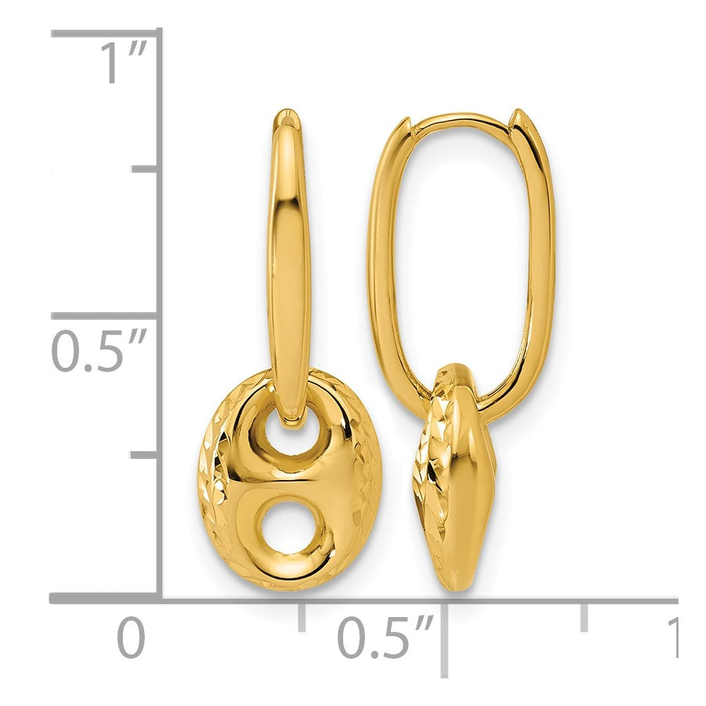 14K Polished/Dia-cut Mariner Bead Hinged Hoop Earrings