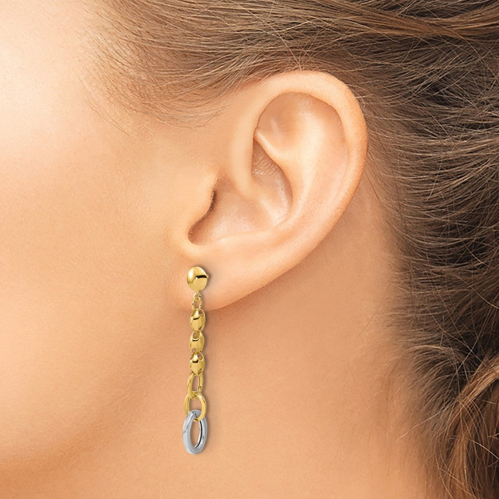 14K w/Wht RH Polished Fancy Oval Link Post Dangle Earrings