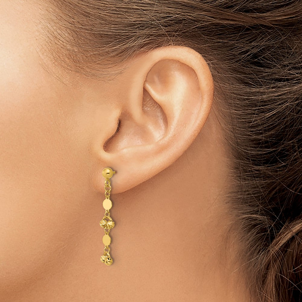 14K Polished D/C Beaded Fancy Circles Post Dangle Earrings