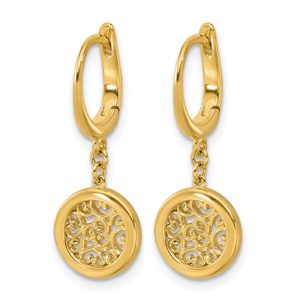 14K Polished Fancy Filigree Circle Leverback Dangle Earrings