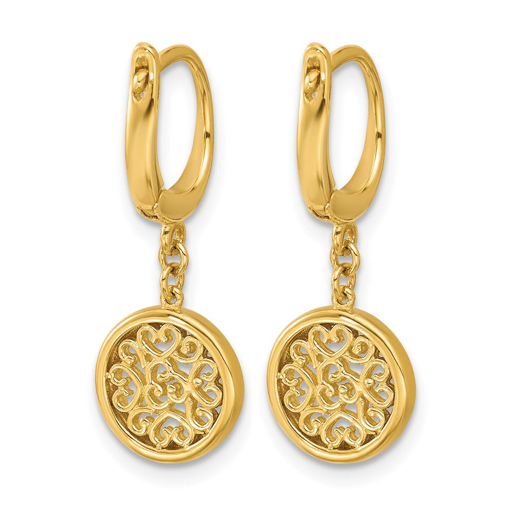 14K Polished Fancy Filigree Circle Leverback Dangle Earrings
