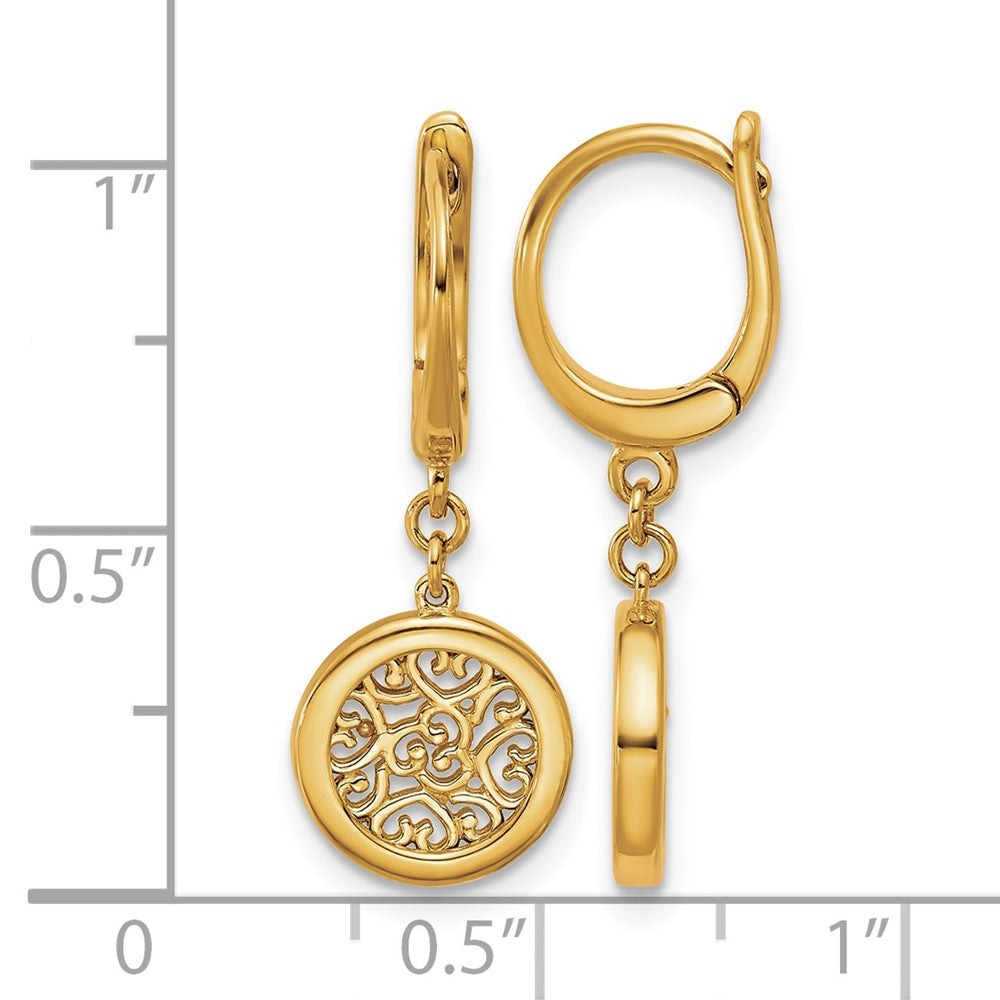 14K Polished Fancy Filigree Circle Leverback Dangle Earrings