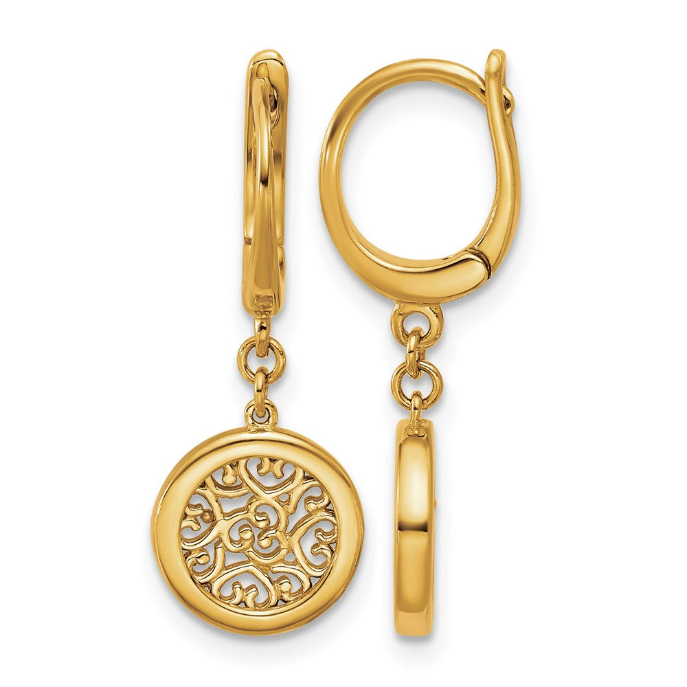 14K Polished Fancy Filigree Circle Leverback Dangle Earrings