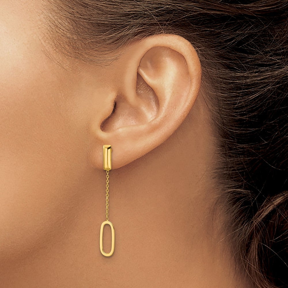 14K Polished Elongated Oval and Bar Post Dangle Earrings