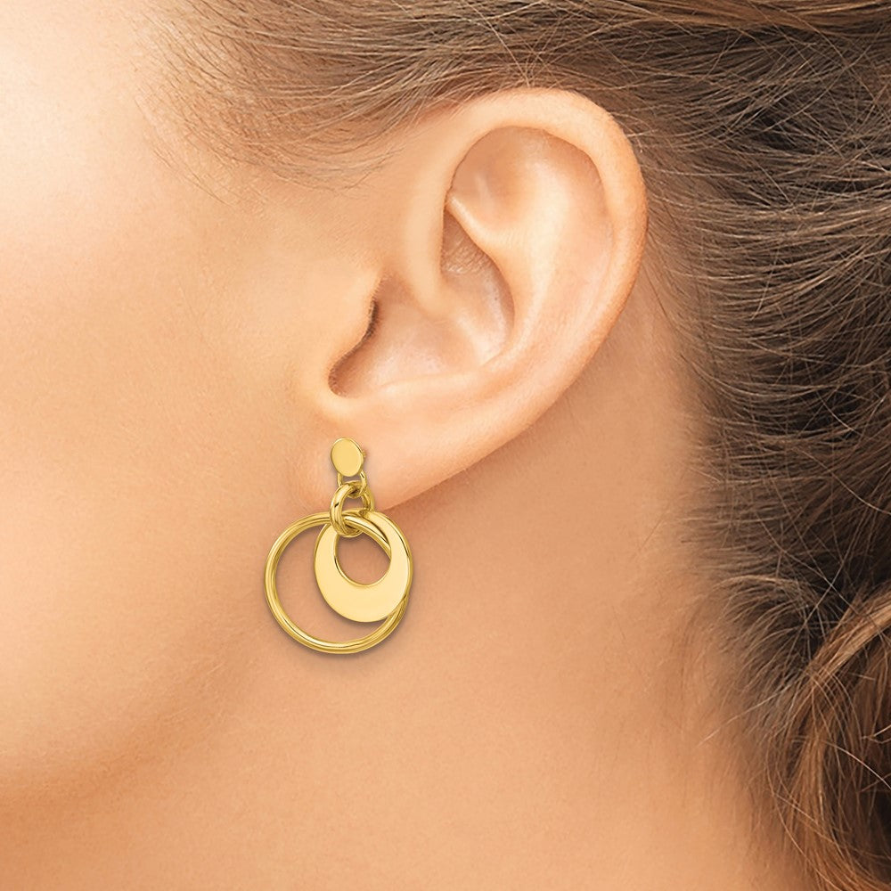 14K Polished Fancy Double Circle Post Dangle Earrings