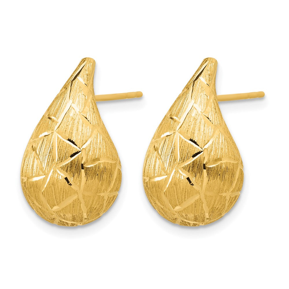 14K Polished/Brushed/Dia-cut Puffed Teardrop Post Earrings