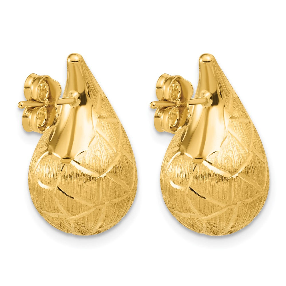 14K Polished/Brushed/Dia-cut Puffed Teardrop Post Earrings