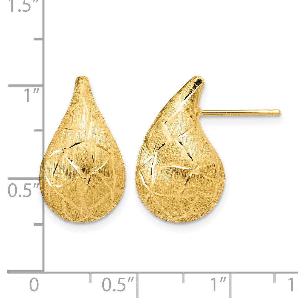 14K Polished/Brushed/Dia-cut Puffed Teardrop Post Earrings