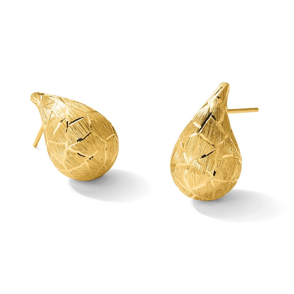 14K Polished/Brushed/Dia-cut Puffed Teardrop Post Earrings