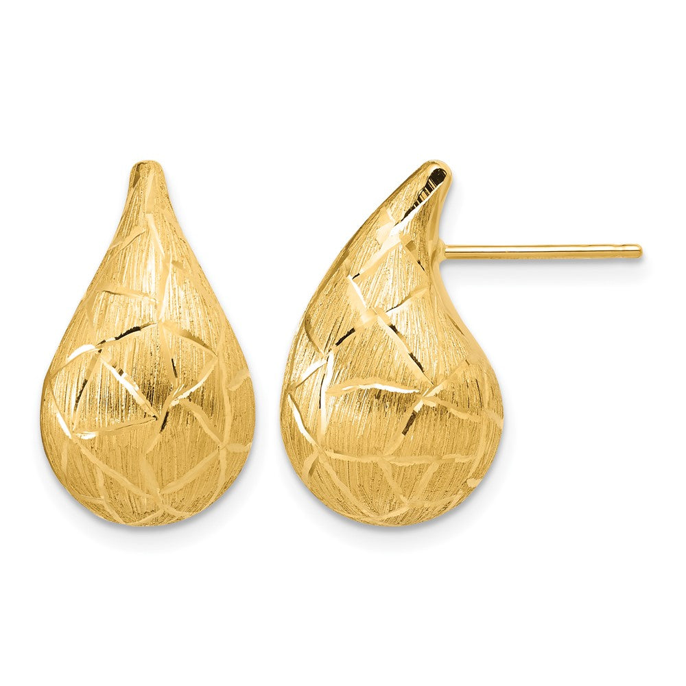 14K Polished/Brushed/Dia-cut Puffed Teardrop Post Earrings