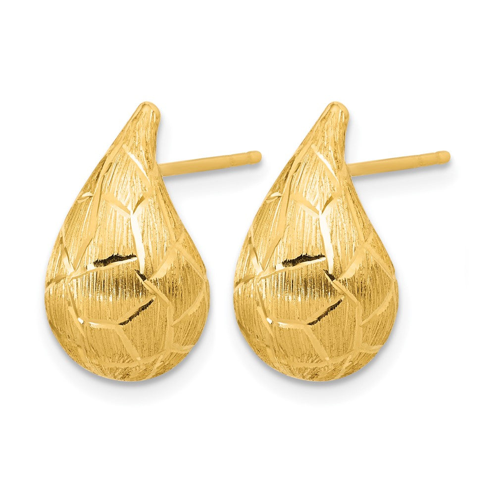 14K Polished/Brushed/Dia-cut Puffed Teardrop Post Earrings
