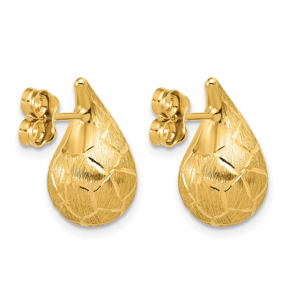 14K Polished/Brushed/Dia-cut Puffed Teardrop Post Earrings