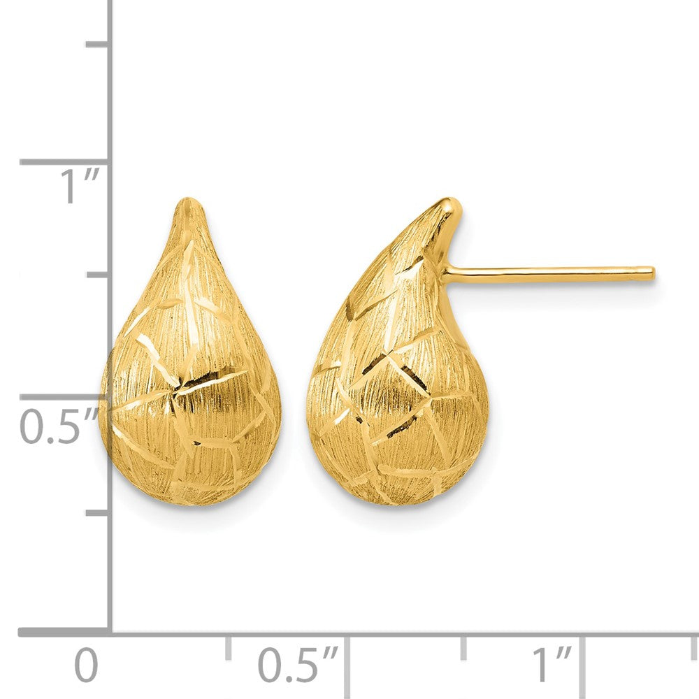 14K Polished/Brushed/Dia-cut Puffed Teardrop Post Earrings