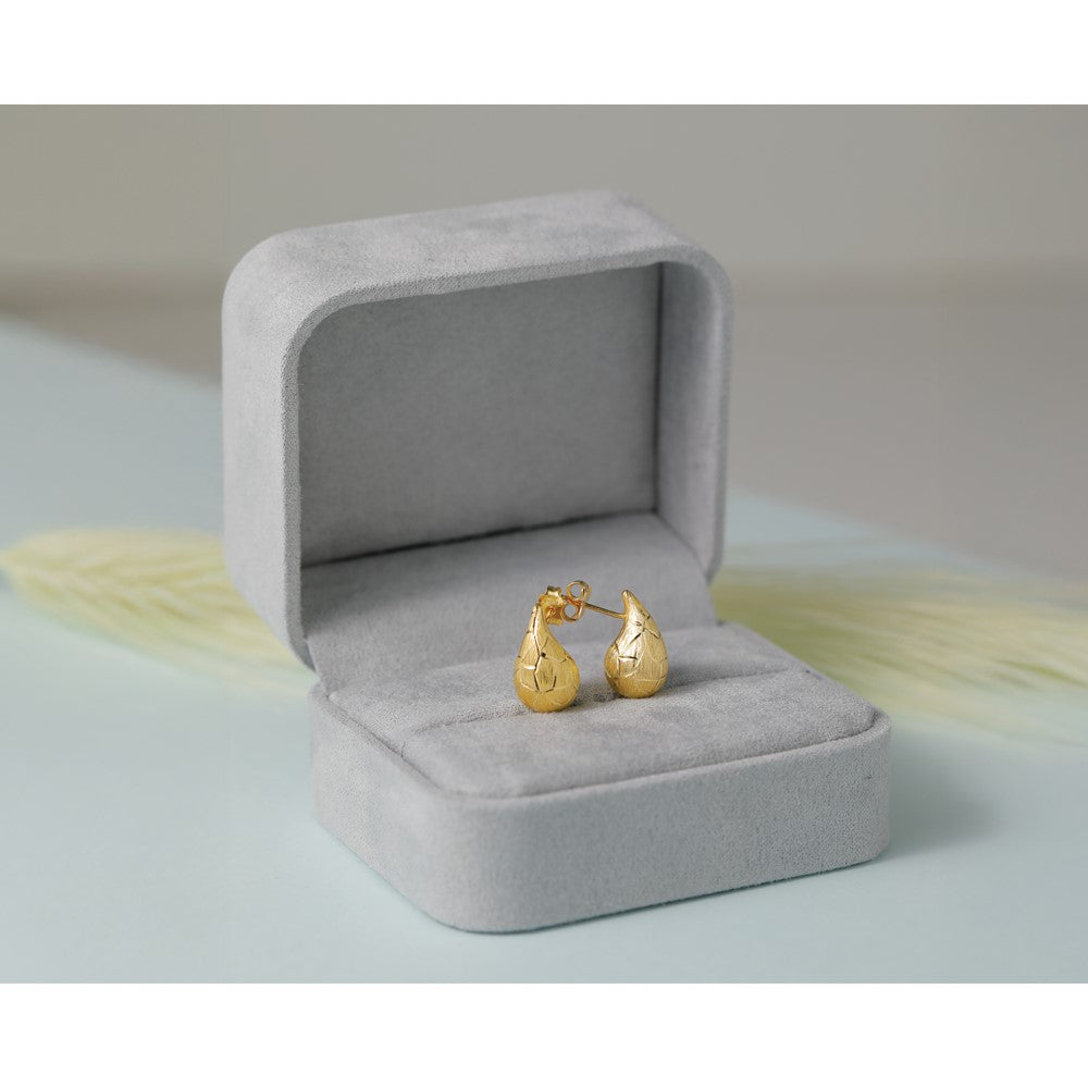 14K Polished/Brushed/Dia-cut Puffed Teardrop Post Earrings