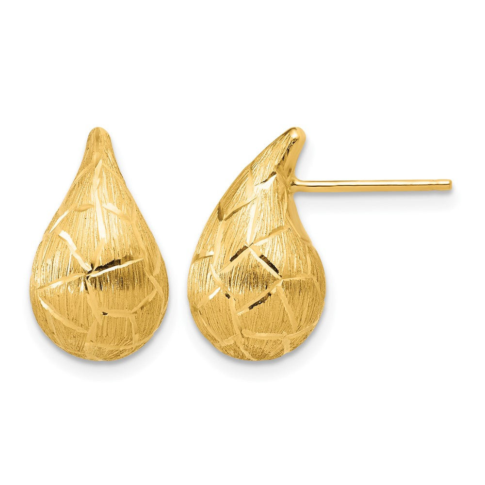 14K Polished/Brushed/Dia-cut Puffed Teardrop Post Earrings