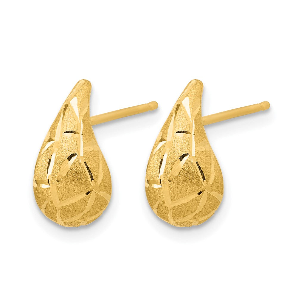14K Polished/Brushed/Dia-cut Puffed Teardrop Post Earrings