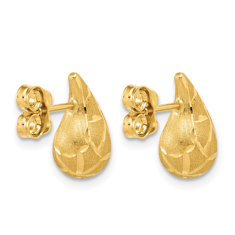 14K Polished/Brushed/Dia-cut Puffed Teardrop Post Earrings