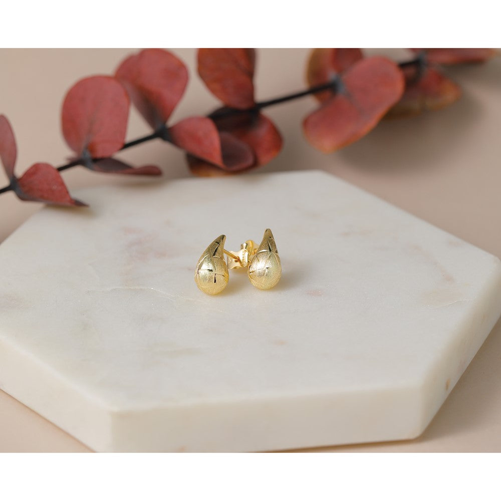 14K Polished/Brushed/Dia-cut Puffed Teardrop Post Earrings