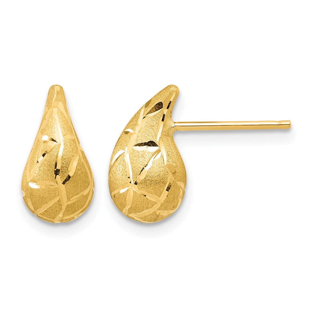 14K Polished/Brushed/Dia-cut Puffed Teardrop Post Earrings