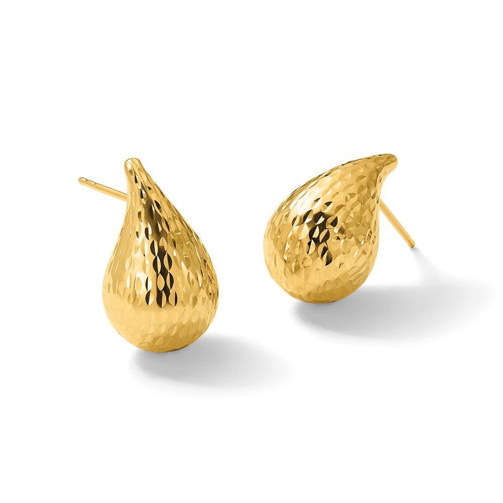 14K Polished and Diamond-cut Teardrop Post Earrings
