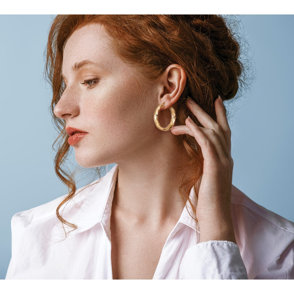 14K Polished and Grooved Hoop Earrings