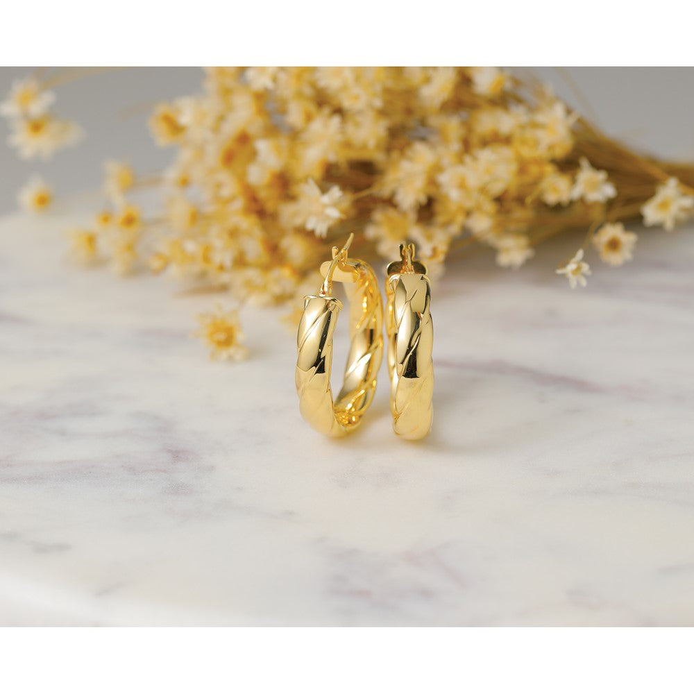 14K Polished and Grooved Hoop Earrings