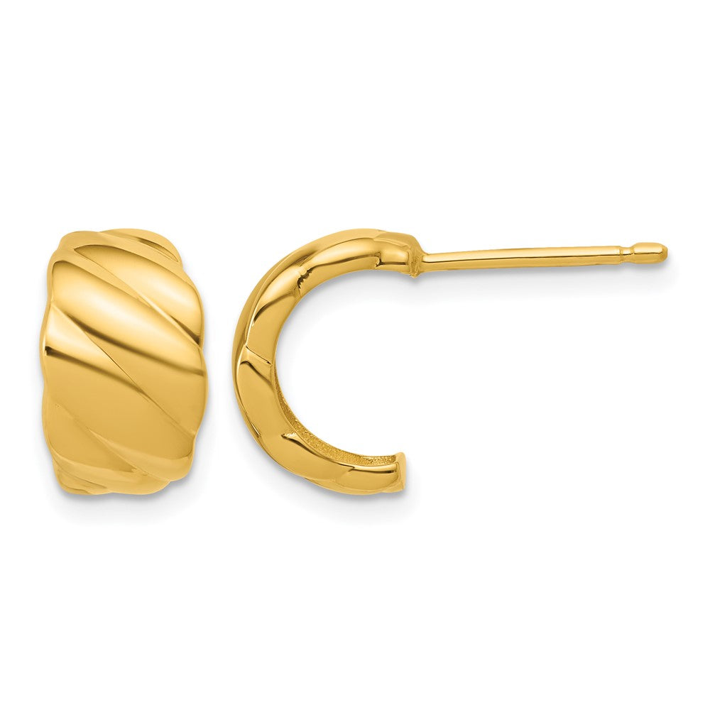 14K Polished and Grooved J-Hoop Post Earrings