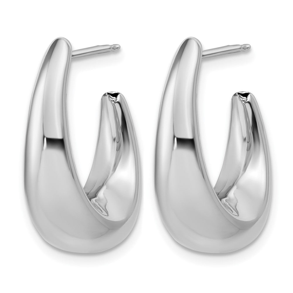 14K w/Wht Rhodium Plating Polished Hollow J-Hoop Post Earrings