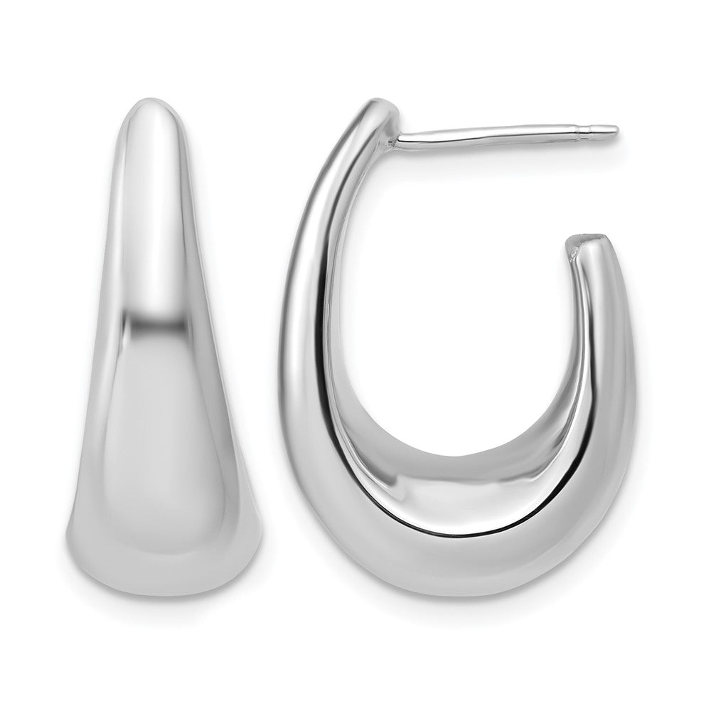 14K w/Wht Rhodium Plating Polished Hollow J-Hoop Post Earrings