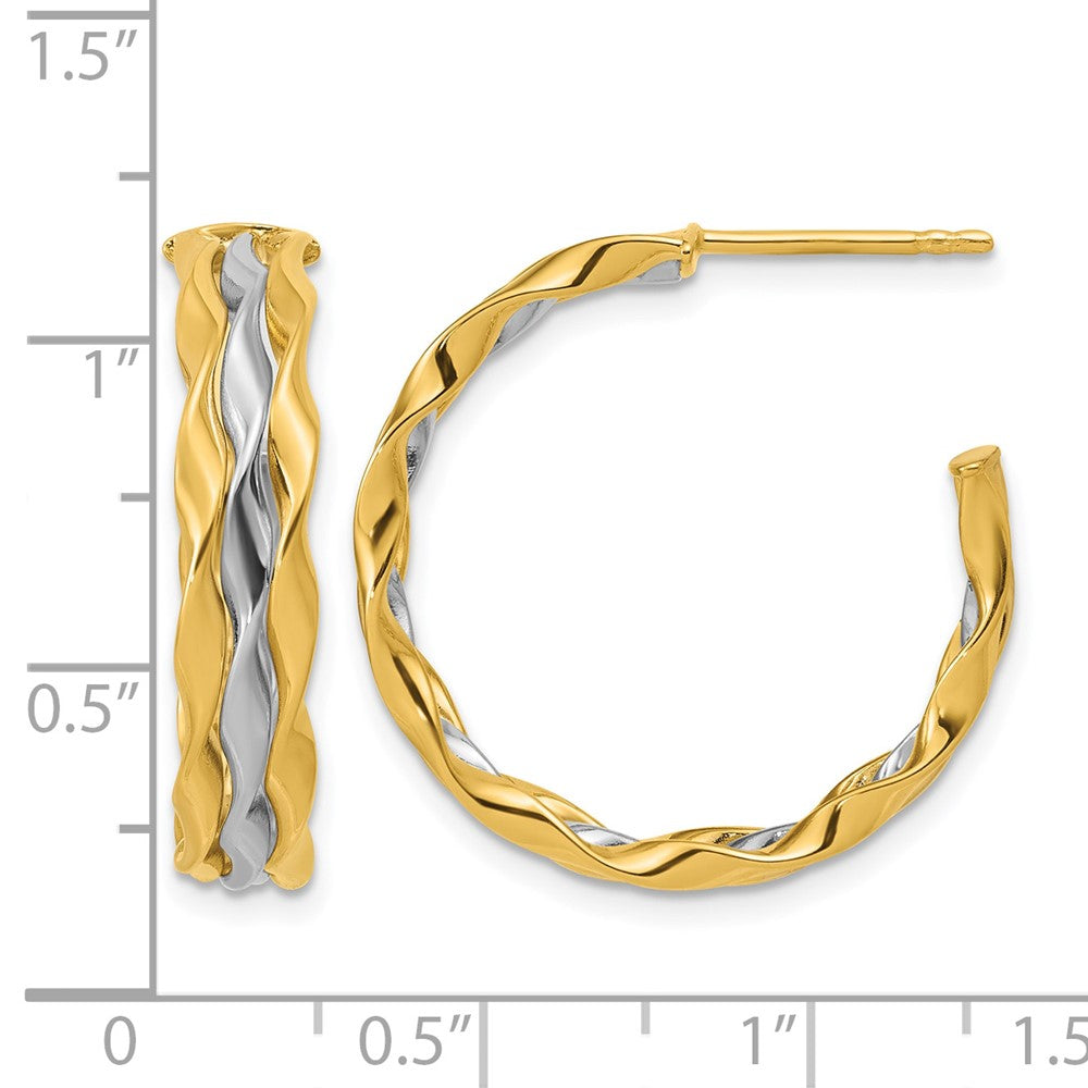 14K w/Rhodium Polished Wave J-Hoop Post Earrings