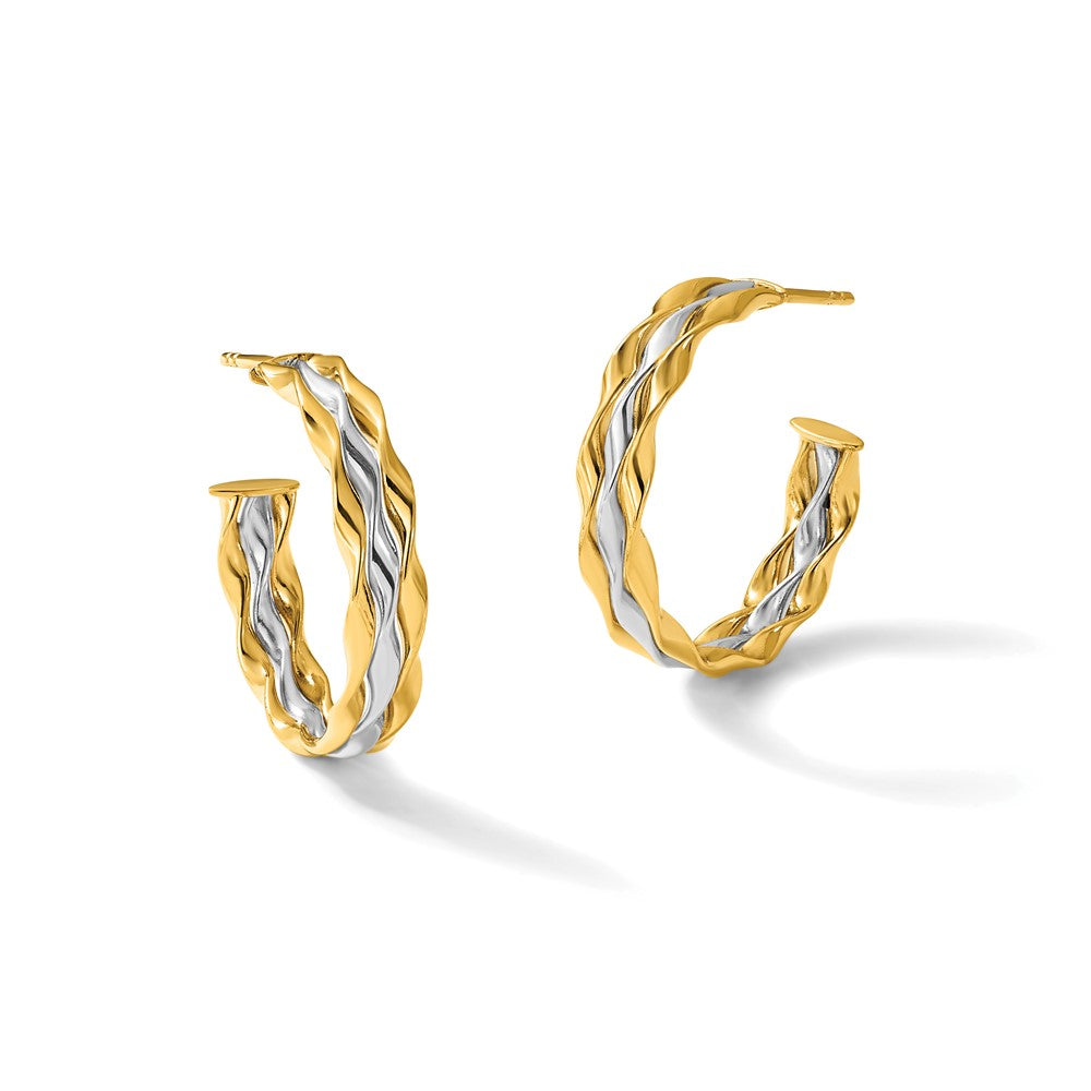 14K w/Rhodium Polished Wave J-Hoop Post Earrings