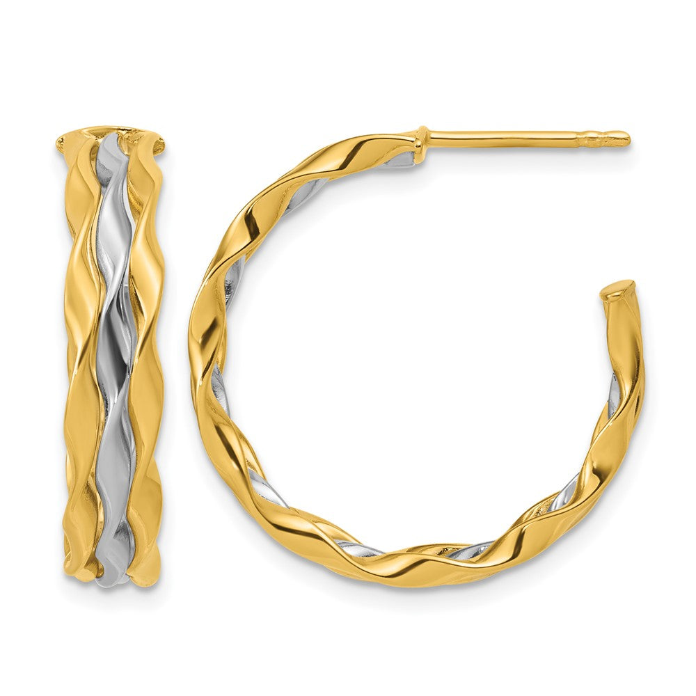 14K w/Rhodium Polished Wave J-Hoop Post Earrings