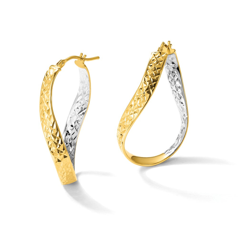 14K w/Rhodium Polished/Diamond-cut Twist In and Out Hoop Earrings